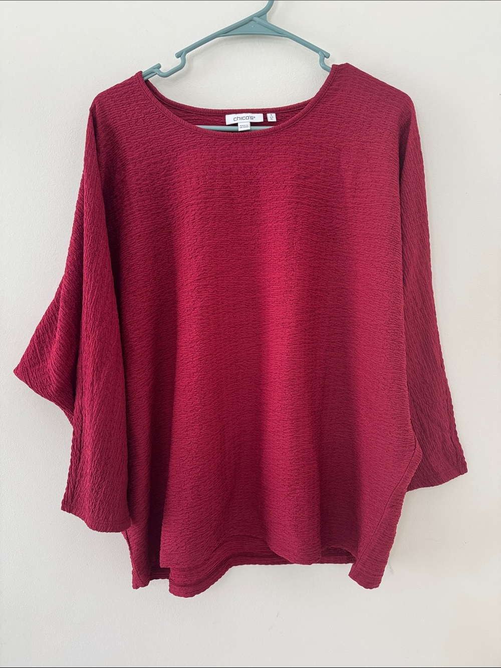 Chico's Textured Scoop Neck Dolman Top - Ruby Red Sz 3